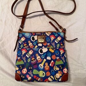 Dooney & Bourke Blue Disney Character Print Crossbody with Brown Leather Trim